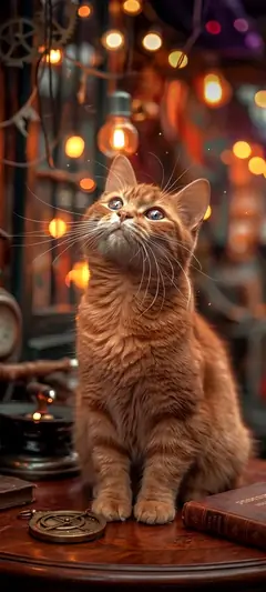 Flauschige Katze mit warmen Lichtern im Hintergrund und gemütlicher Abendstimmung.