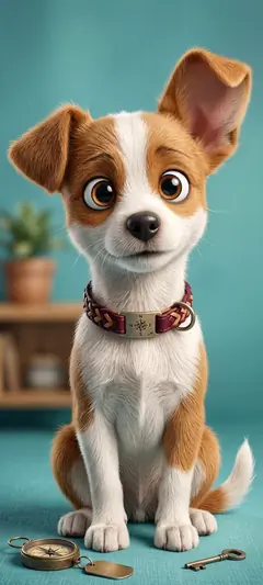 Kleiner braun-weißer Hund mit großen Augen und niedlicher Cartoon-Optik auf hellem Hintergrund.