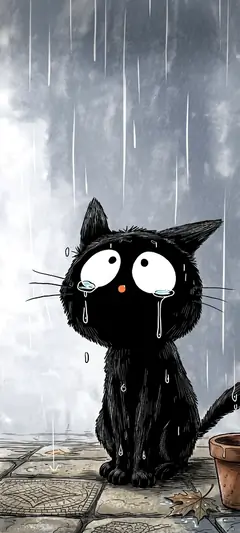 Künstlerische schwarze Katze im Regen mit großen Augen und dunkler melancholischer Stimmung.