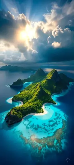 Tropische Insel mit türkisblauem Meer, grüner Landschaft und sonnigem Himmel aus der Luft aufgenommen.