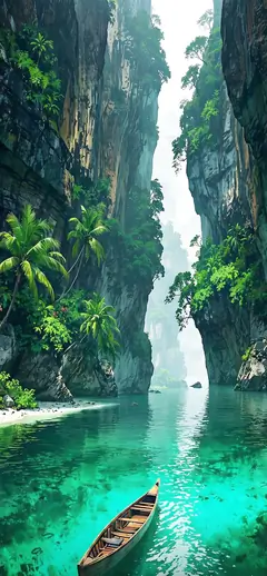 Ein kleines Holzboot auf klarem, türkisem Wasser in einer tiefen, von Pflanzen bewachsenen tropischen Schlucht als Handy Hintergrundbild.