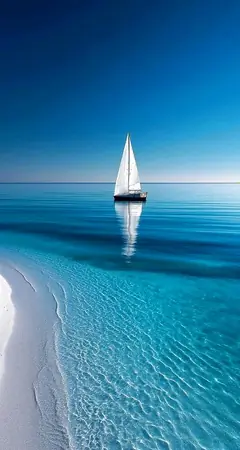Segelboot auf ruhigem türkisfarbenem Meer mit klarem Himmel – minimalistisches 4K Hintergrundbild für Smartphones