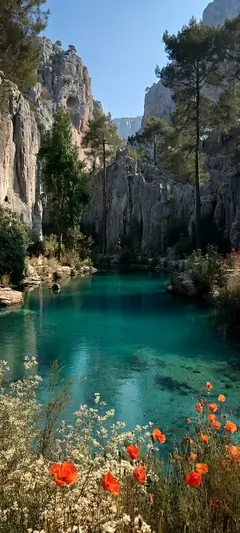 Türkiser Bergsee zwischen hohen Felsen, grünen Bäumen und bunten Wildblumen in idyllischer Naturkulisse.