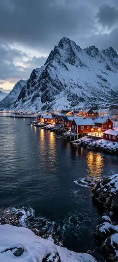 Verschneites norwegisches Fischerdorf mit roten Holzhäusern am Fjord, beleuchteten Hütten und hohen schneebedeckten Bergen als Natur Hintergrundbild