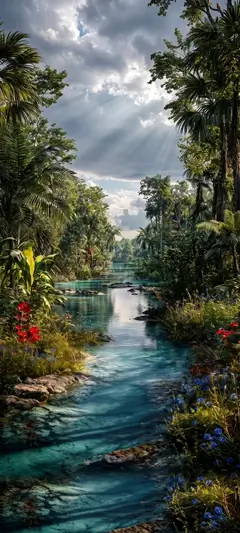 Klarer Waldfluss zwischen grünen Bäumen und bunten Blumen mit ruhiger Naturatmosphäre.