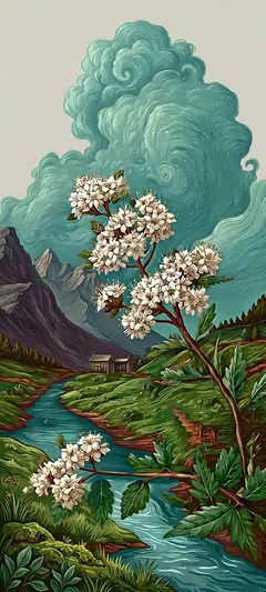 Weiße Blumen vor Bergen und See im künstlerischen Vintage-Stil mit ruhiger Naturstimmung.
