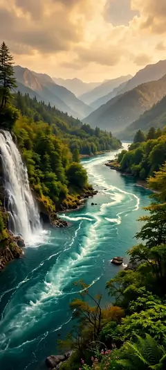 Türkisfarbener Fluss mit Wasserfall zwischen grünen Bergen und epischer hintergrundbilder Naturkulisse in 4K.