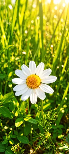 Weiße Margerite mit gelber Blütenmitte auf einer grünen Wiese im warmen Sonnenlicht als Natur Hintergrundbild