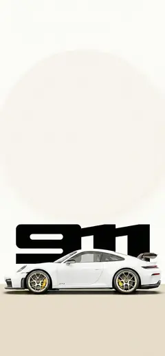 Minimalistisches Handy Hintergrundbild eines weißen Porsche 911 GT3 in der Seitenansicht vor einer großen schwarzen 911 Typografie.