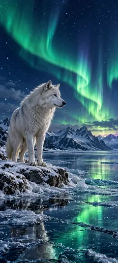 Weißer Wolf unter grünen Nordlichtern auf verschneiter Landschaft mit Eis und Bergen als Tiere Hintergrundbild