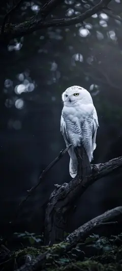 Schwarzes Hintergrundbild mit weißer Eule auf einem Ast in dunkler mystischer Nacht.