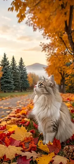 Weiße flauschige Katze im herbstlichen Wald mit goldenen Blättern und friedlicher Naturstimmung.