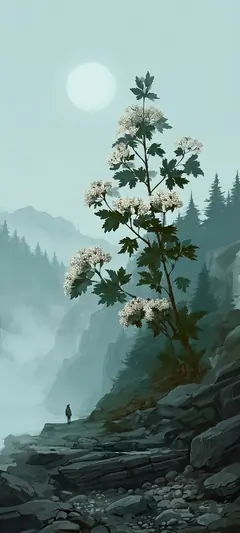 Weiße Wildblumen vor nebligen Bergen und ruhiger Naturkulisse mit sanfter Atmosphäre.