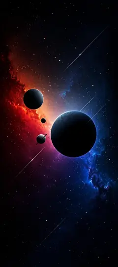 Weltraum Hintergrundbild mit dunklen Planeten Sternen roter und blauer Galaxie als beeindruckendes Handy Wallpaper