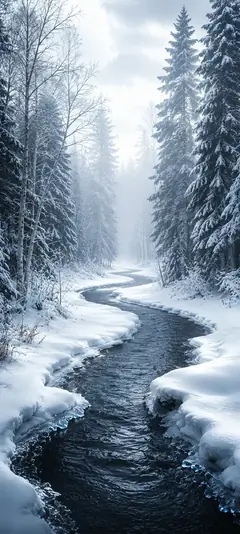 Winter Hintergrundbild mit verschneitem Wald und Bach für Handy