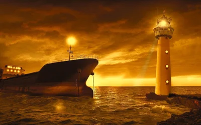 Leuchtturm und Schiff  - Desktop 4K Hintergrundbilder