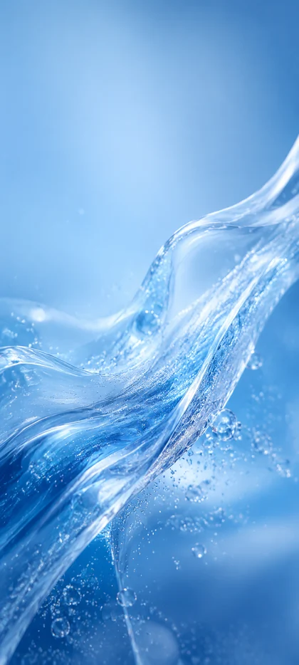 Abstrakte blaue Eiswelle mit glitzernden Wassertropfen – modernes Wallpaper für Liebhaber eisblauer Hintergrundbilder.