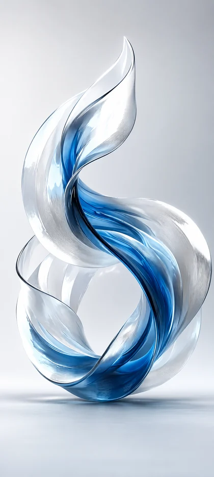 Abstrakte transparente Glas Spirale mit blauen geschwungenen Linien auf hellem Hintergrund als vertikales Handy Wallpaper