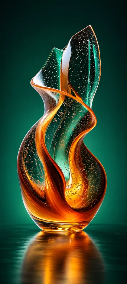 Abstrakte leuchtende Glasflamme in Orange, Grün und Türkis mit goldenen Partikeln auf dunklem Hintergrund als vertikales Handy Wallpaper