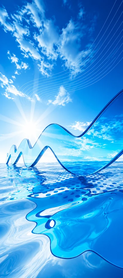 abstrakte blaue formen mit wasserreflexionen und wolkenhimmel als abstrakte hintergrundbilder und kostenlose handy hintergrundbilder 4k für iphone und samsung.
