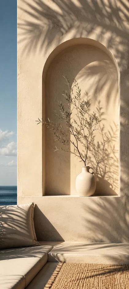 minimalistische mediterrane architektur mit warmem sonnenlicht als aesthetic hintergrundbilder und kostenlose handy hintergrundbilder 4k für iphone und samsung.
