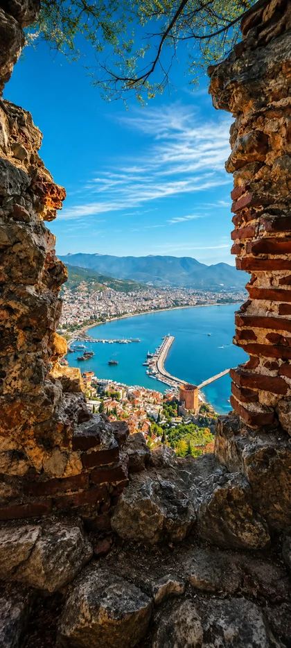Panoramablick auf Alanya mit historischem Burgfenster, Hafen, Mittelmeer und Küstenlandschaft in der Türkei.