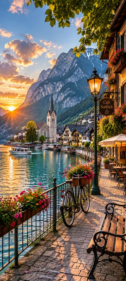 Alpenstadt am See mit Bergen und Sonnenuntergang als 4K Handy Hintergrundbilder