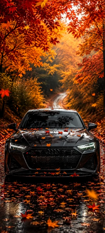 Schwarzer Audi RS7 auf nasser Herbststraße mit roten Blättern und epischer auto wallpaper Atmosphäre in 4K.