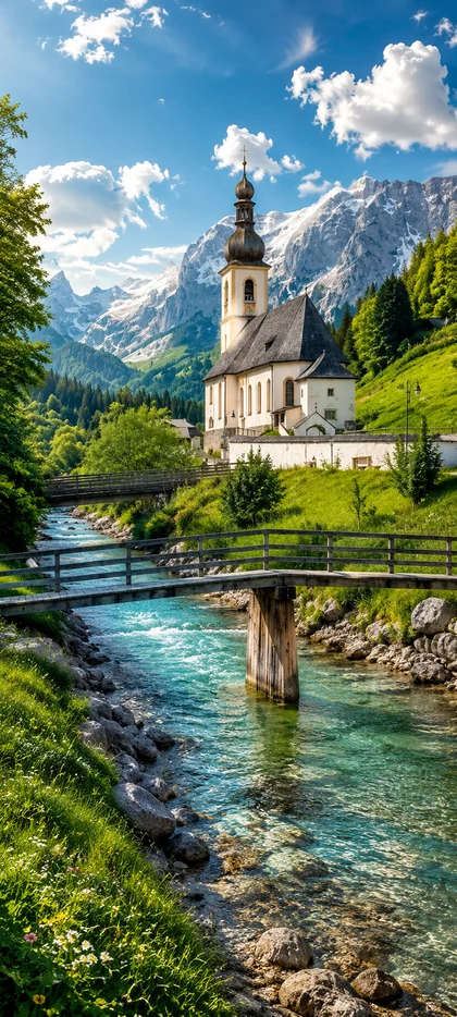 Idyllische Alpenlandschaft mit Kirche, klarem Bergfluss, Holzbrücke, grünen Wiesen und hohen Bergen als vertikales Handy Wallpaper