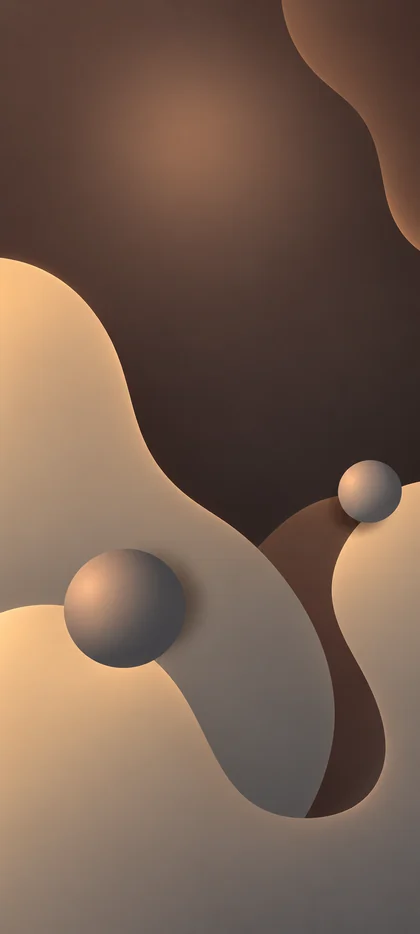 Abstraktes iPhone 18 Hintergrundbild mit beigen 3D-Kugeln, geschwungenen Formen und sanften Farbverläufen in Braun, Sand, Creme und warmen Goldtönen.