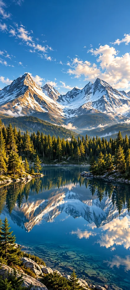 iPhone 18 Hintergrundbild mit schneebedeckten Bergen, klarem Alpensee, Nadelwald und Spiegelung für iPhone 18 Pro und iPhone 18 Pro Max