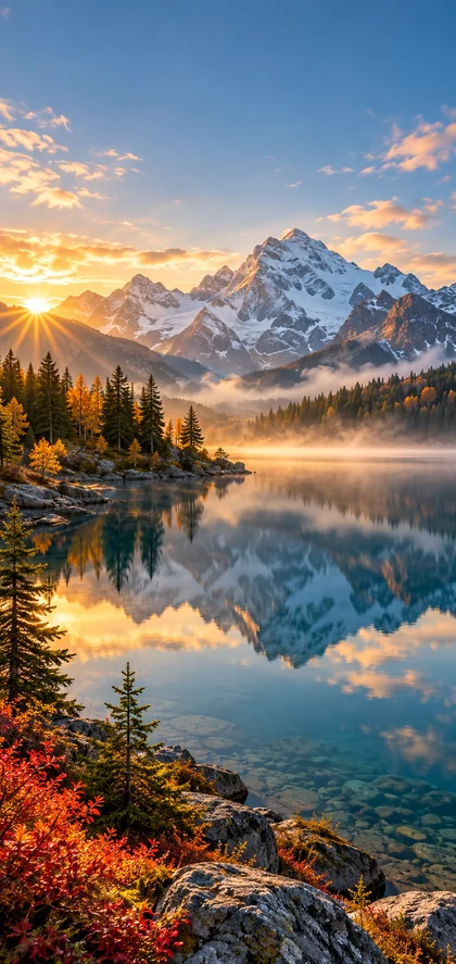 Klarer Bergsee mit Spiegelung schneebedeckter Berge bei Sonnenaufgang und herbstlicher Landschaft als 4K Hintergrundbild