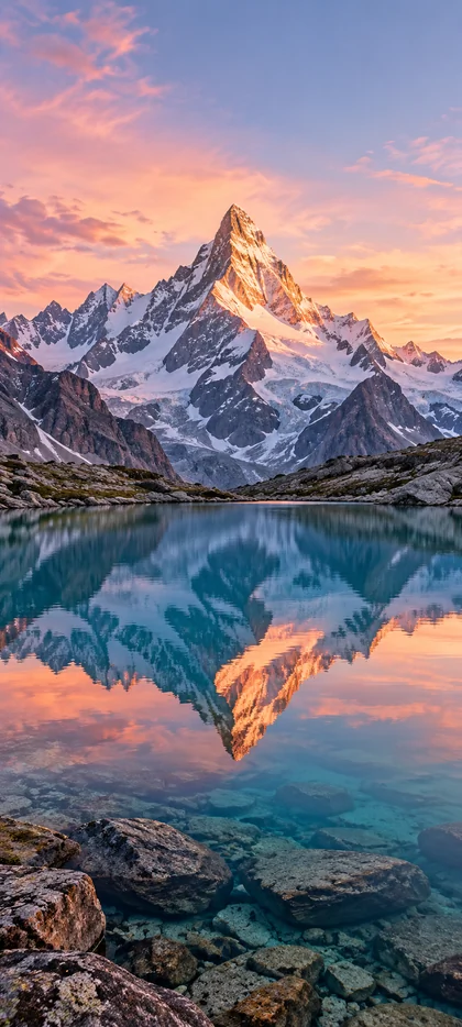 Schneebedeckter Berg im orange-rosa Licht mit Spiegelung in einem türkisblauen Bergsee und sichtbaren Steinen im klaren Vordergrund.