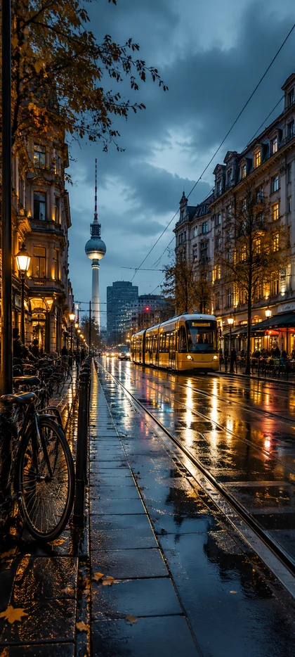 Berlin bei Regen mit Straßenbahn, nasser Straße und Fernsehturm als 4K Handy Hintergrundbild