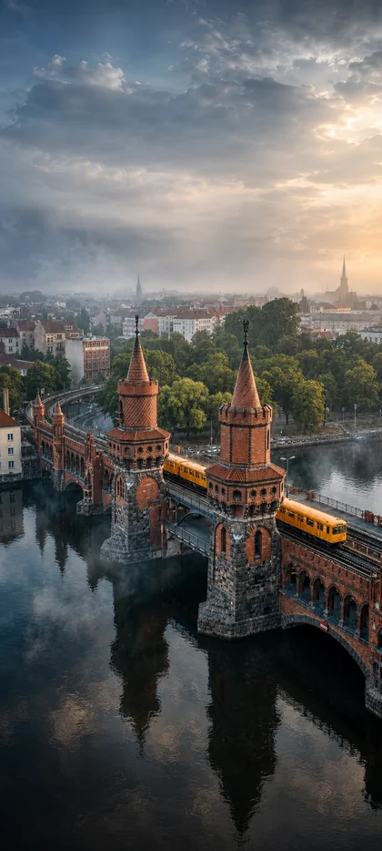 Luftaufnahme der Berliner Oberbaumbrücke über der Spree mit gelbem Zug, Stadtpanorama, Wolken und Morgenlicht als vertikales Handy Wallpaper