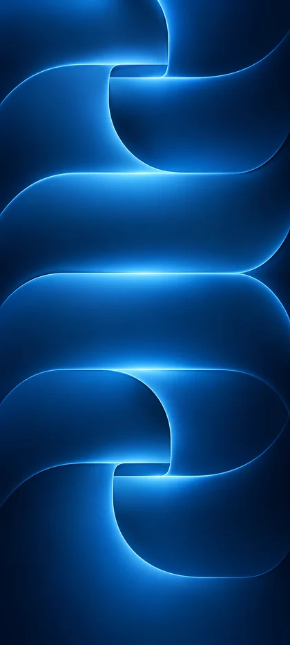 Abstraktes iPhone 18 Hintergrundbild mit leuchtend blauen 3D-Wellen, geschwungenen Formen, elektrischen Neon-Lichteffekten und dunkelblauem Hintergrund.