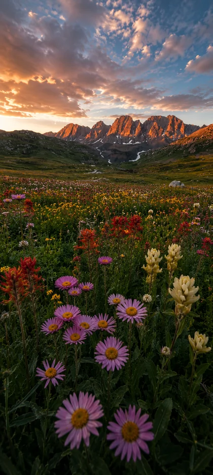 farbenfrohe alpenblumenwiese vor bergen bei sonnenuntergang als blumen hintergrundbilder und kostenlose hintergrundbilder 4k für iphone.
