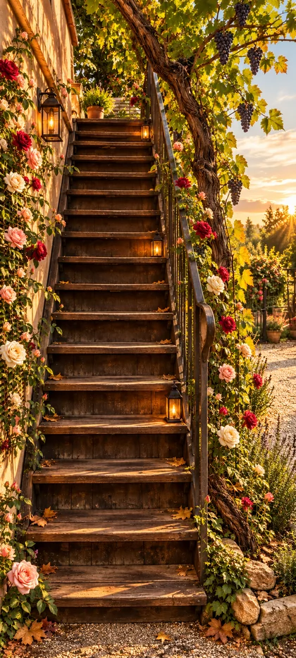 Rustikale Holztreppe mit Rosen, grünen Kletterpflanzen und warmem Sonnenlicht in einem ländlichen Garten als Natur Hintergrundbild
