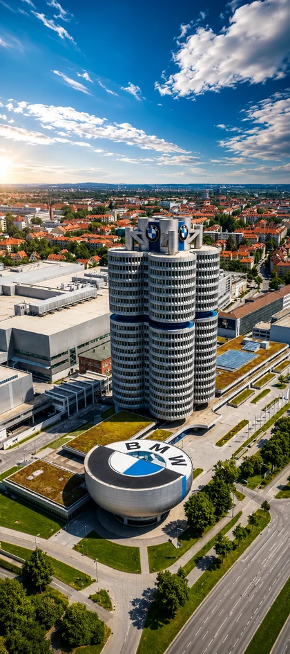 BMW Vierzylinder und BMW Museum in München aus der Vogelperspektive unter blauem Himmel als Handy Hintergrundbild