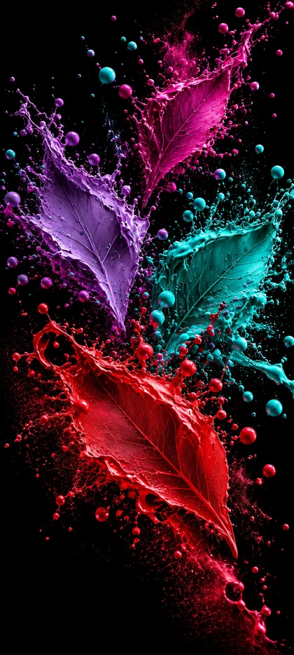 Bunte Federn in Rot, Pink, Violett und Türkis mit leuchtenden Farbspritzern auf schwarzem Hintergrund als abstraktes 4K Hintergrundbild