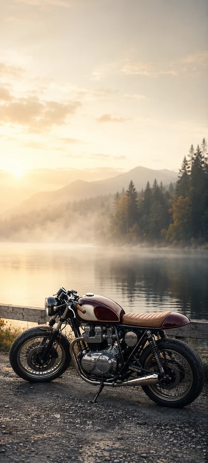 Klassisches Café-Racer-Motorrad bei Sonnenaufgang an einem Bergsee – stilvolles Wallpaper aus der Sammlung besonderer Motorrad-Hintergrundbilder.