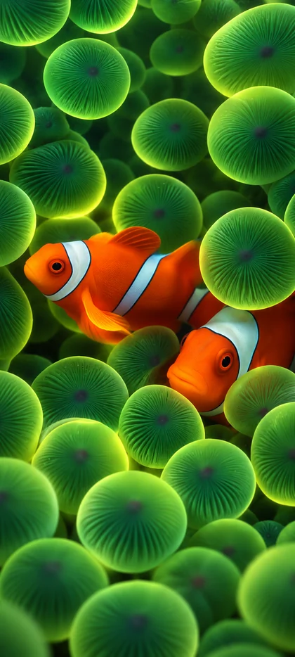 Leuchtend orange Clownfische zwischen grünen Korallen in einer farbenfrohen Unterwasserwelt iphone wallpaper hintergrundbilder
