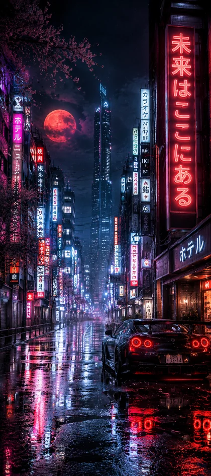 futuristische cyberpunk stadt mit neonlichtern und sportwagen bei nacht als cyberpunk hintergrundbilder und kostenlose handy hintergrundbilder 4k für iphone und samsung.
