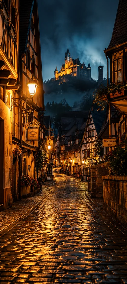 Mittelalterliche deutsche Altstadt bei Nacht mit beleuchteter Burg und Kopfsteinpflaster als 4K Handy Hintergrundbild