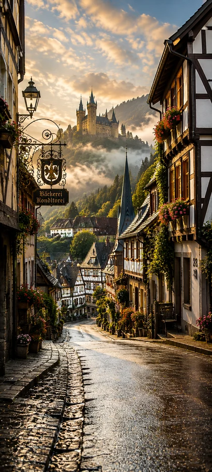 Historische deutsche Altstadt mit Fachwerkhäusern, Kopfsteinpflaster und Burg auf dem Berg als 4K Handy Hintergrundbild