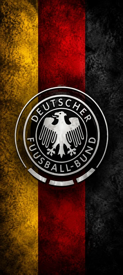 Deutschland Fußball Bund Hintergrundbild mit schwarz roter goldener Flagge und Adler-Emblem als Handy Wallpaper.