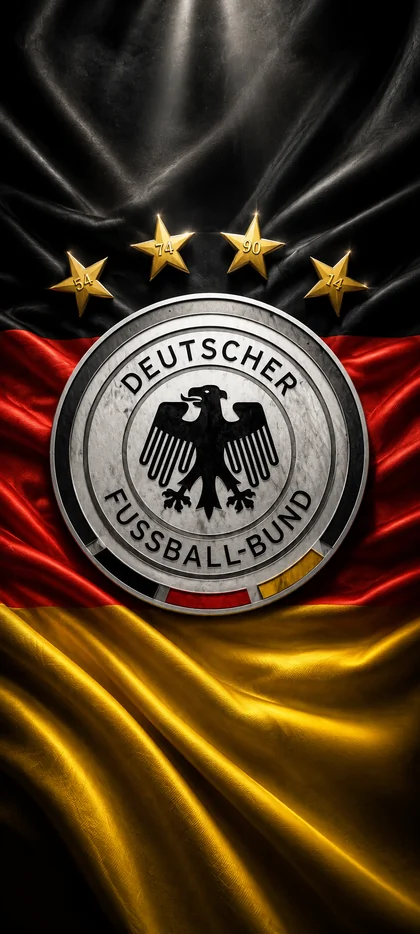 deutschland fußball hintergrundbild 2026 mit dfb logo, vier weltmeistersternen und deutschlandflagge als 4k handy wallpaper.