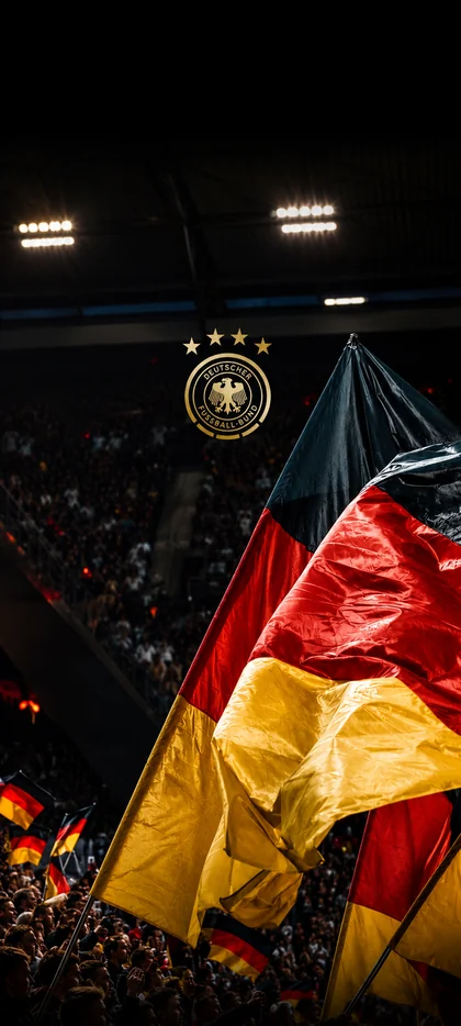 deutschland fußball hintergrundbilder 2026 mit deutschlandflagge im stadion und dfb symbol als 4k handy wallpaper.