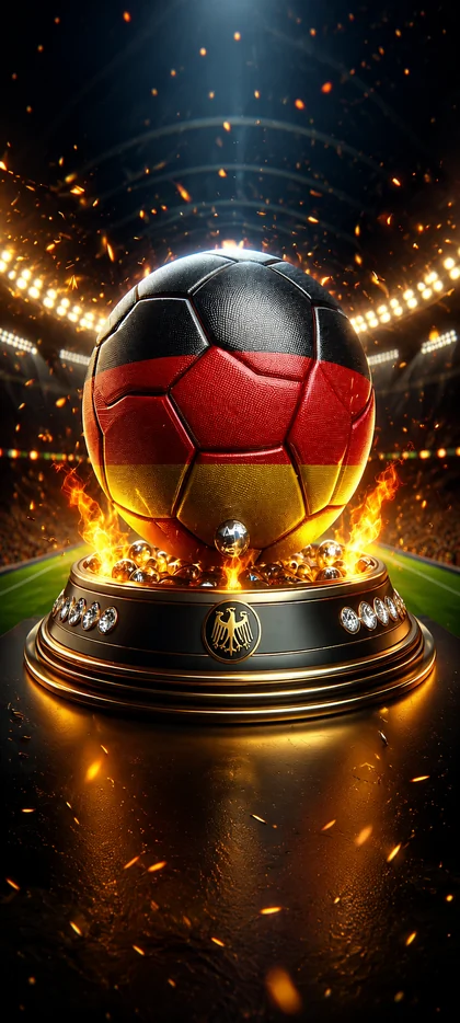 Deutschland Fußball Hintergrundbild 2026 mit schwarz rot goldenem Ball, Stadionlichtern und Feuer-Effekten als Handy Wallpaper.