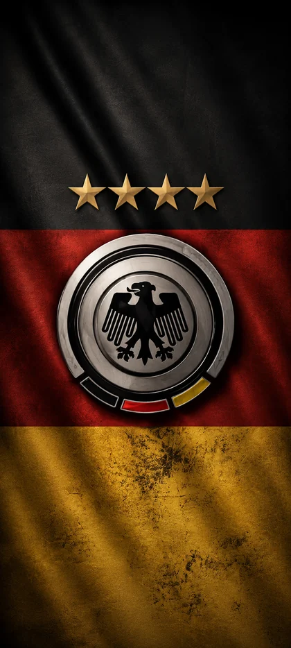 Deutschland Nationalmannschaft Hintergrundbild mit schwarzer roter und goldener Flagge, Adler-Emblem und vier Sternen als Handy Wallpaper.